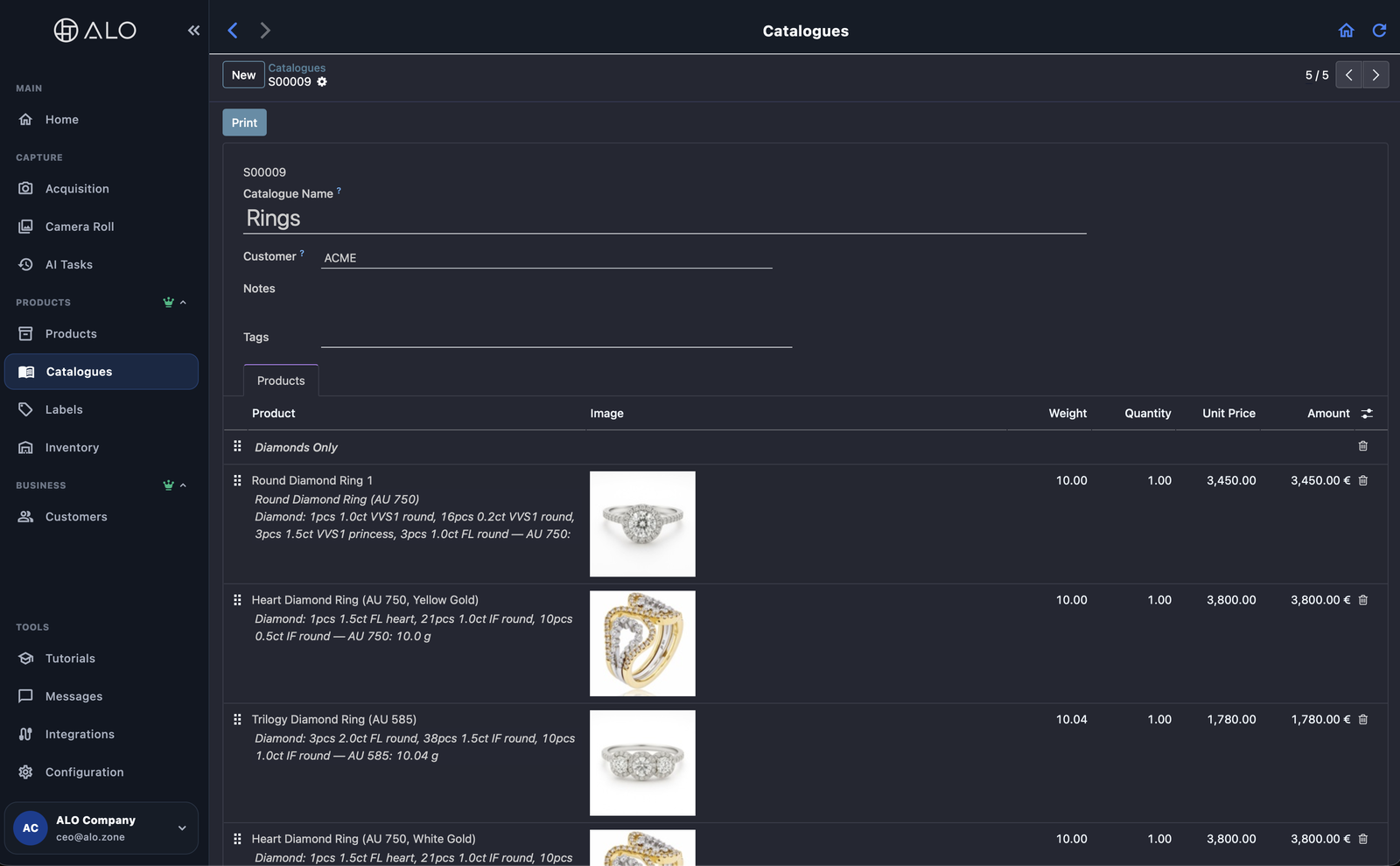 ALO Cloud product catalogue view, showing a jewelry catalogue with product photos and details