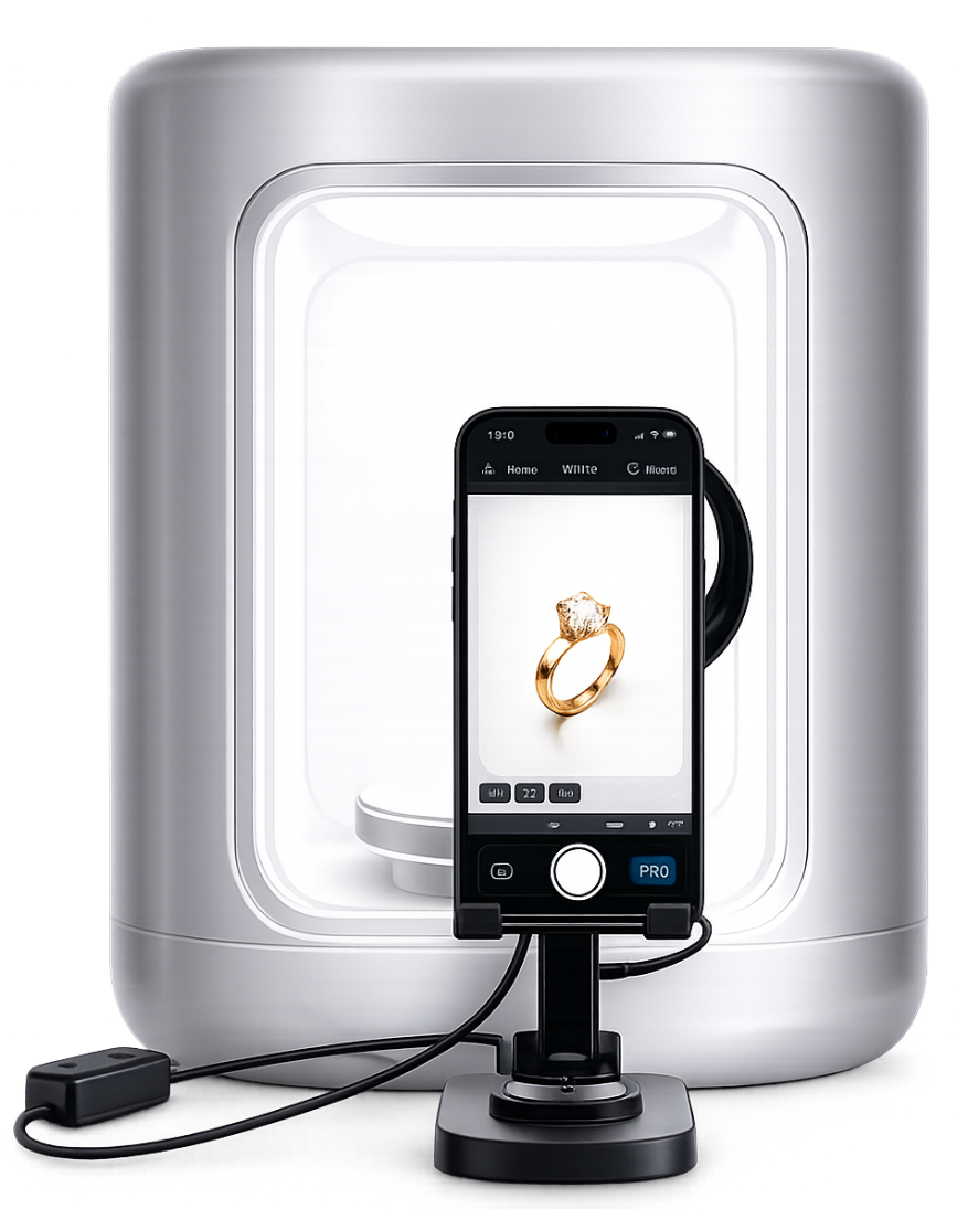 Estudio portátil ALO Photo Tube con un smartphone capturando un producto de joyería