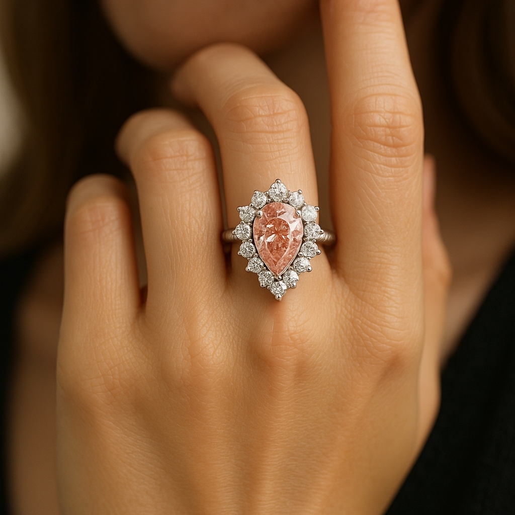 Anillo de diamante puesto en la mano, mejorado con la ALO App